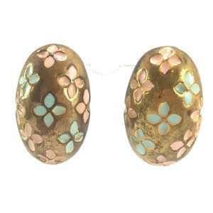 Vintage Chunky Gold Tone Over Copper & Enamel Clip On Earrings Pink Green